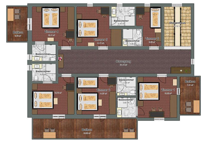 Grundriss des Obergeschosses des Appartements für 8 bis 15 Personen im Haus Fernblick am Arlberg