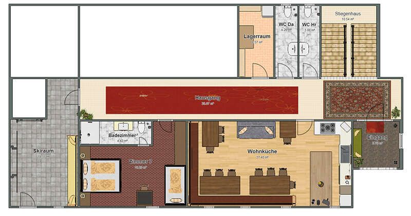 Grundriss des Untergeschosses des Appartements für 8 bis 15 Personen im Haus Fernblick